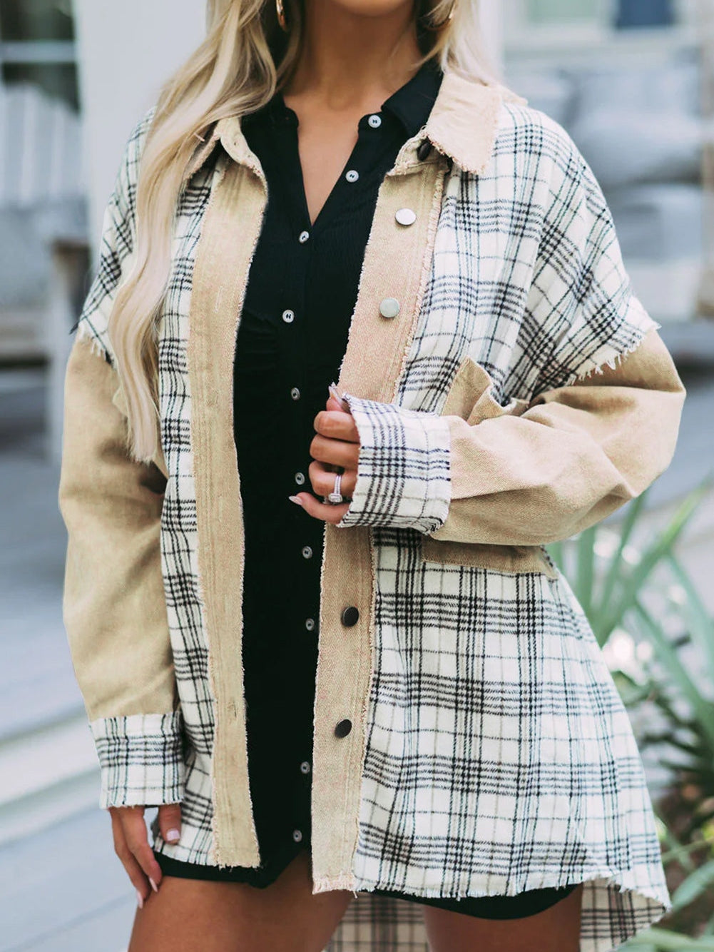 Khaki Plaid Patchwork Denim Shacket - Distressed Edges