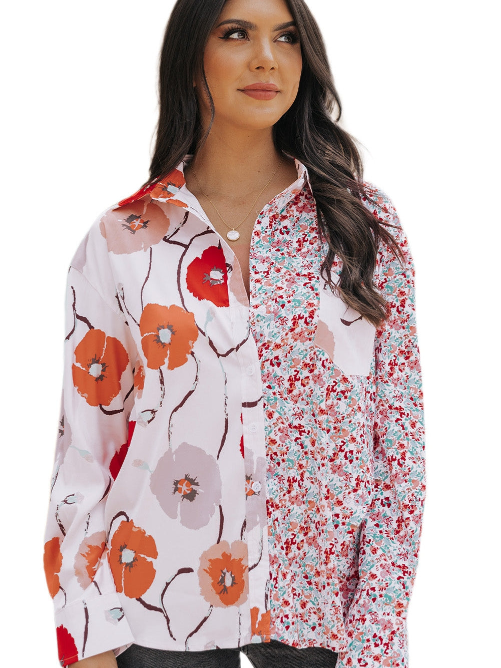 Fiery Red Floral Patchwork Button-Up Blouse with Front Pocket