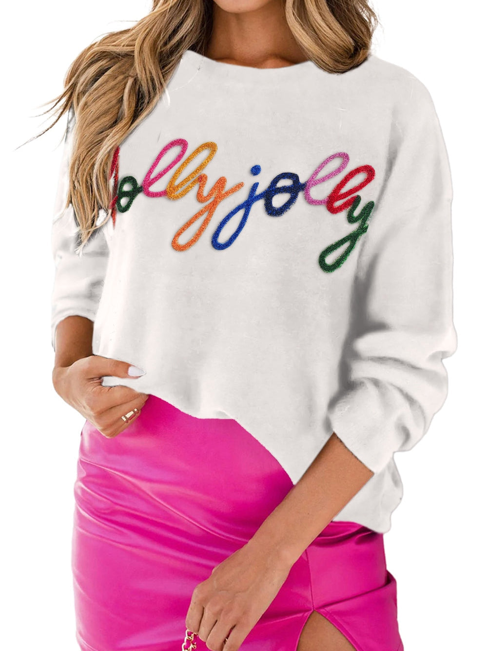 Holly Jolly White Round Neck Casual Sweater