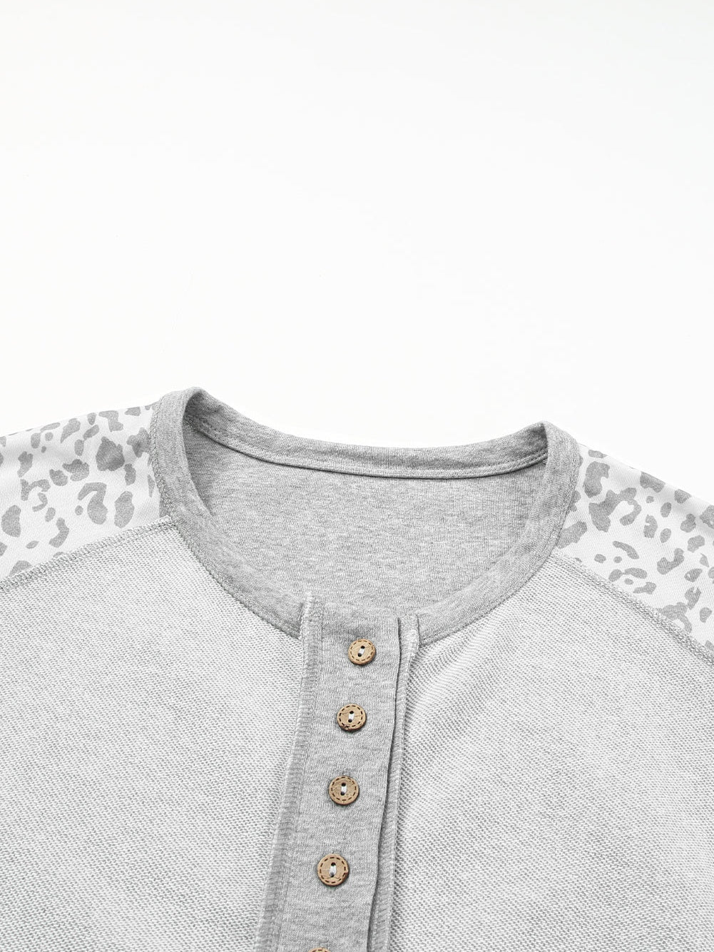 Leopard Patchwork Gray Buttoned Neck Pullover Sweatshirt