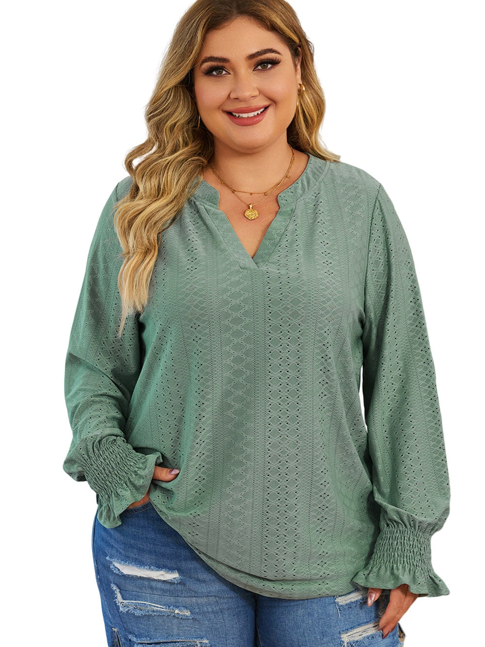 Green Eyelet Jacquard Split Neck Flounce Sleeve Plus Size Blouse