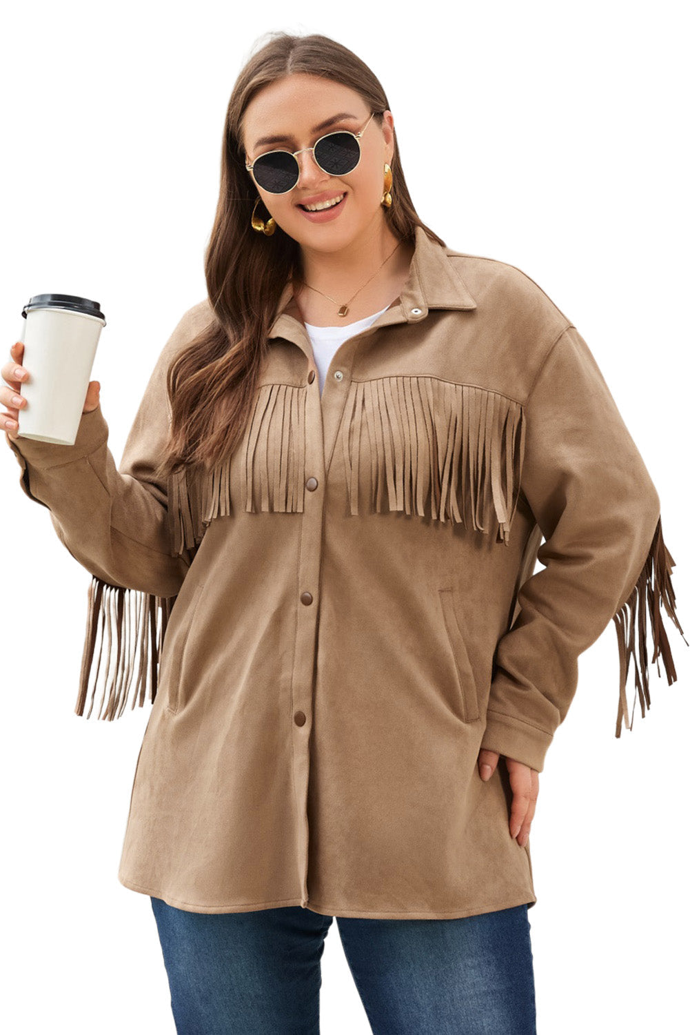 Khaki Suede Shacket with Fringe Detail for Plus Size Women