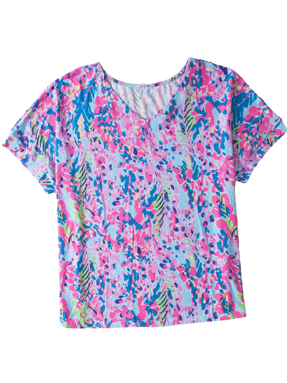 Sky Blue Floral Print Ruffle Sleeve Plus Size V Neck Top