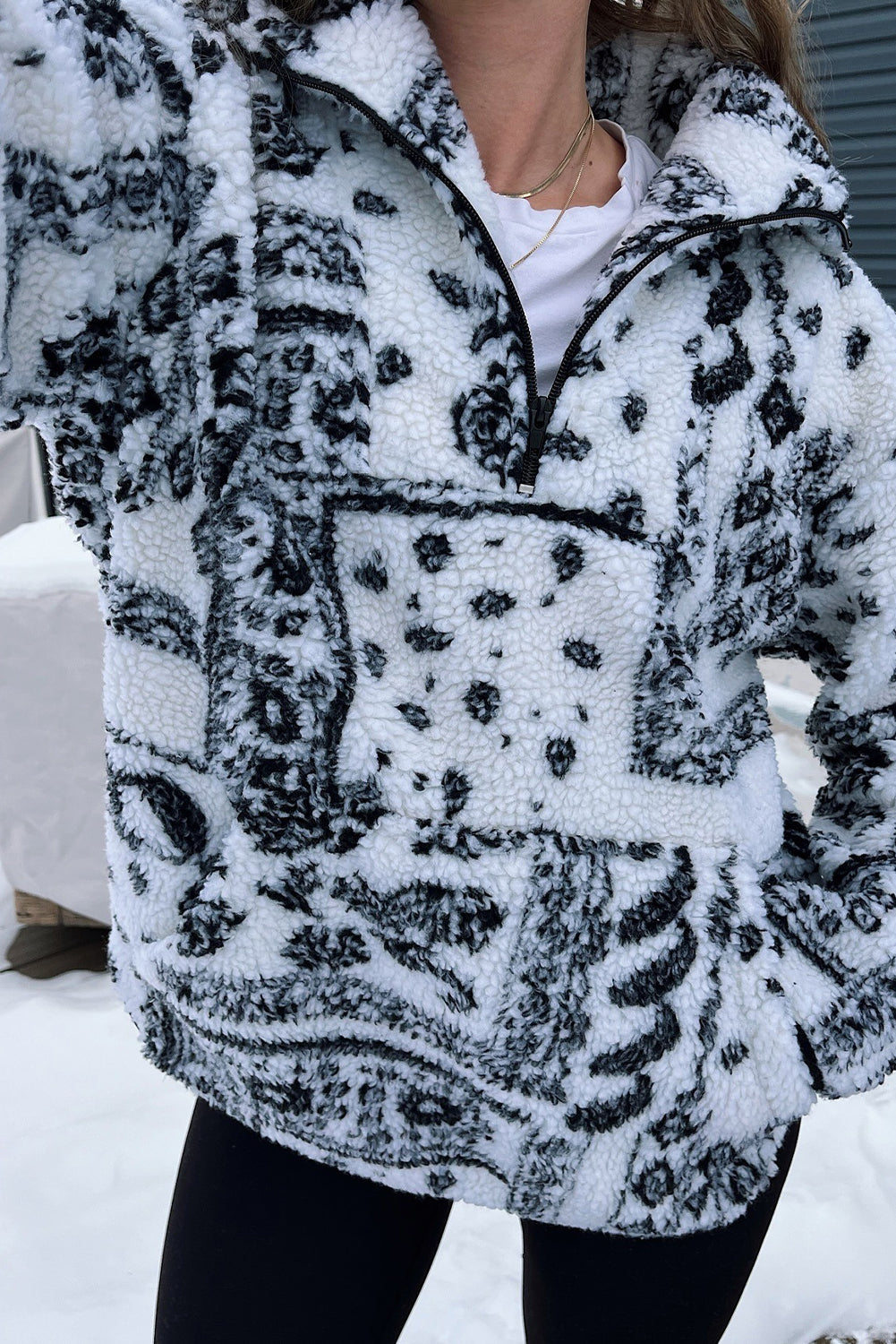 Black Sherpa Quarter Zip Western Print Oversize Sweatshirt