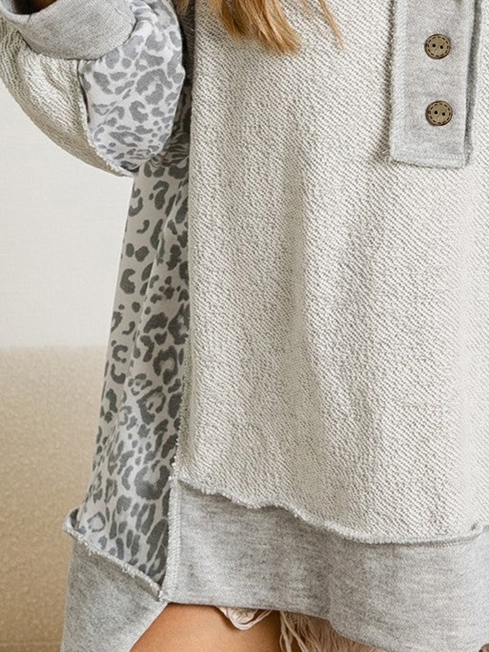 Leopard Patchwork Gray Buttoned Neck Pullover Sweatshirt
