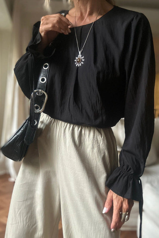 Black Pleated Round Neck Flounce Long Sleeve Blouse