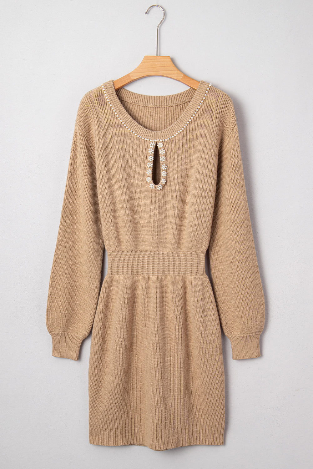 Smoke Gray Pearl Embellished Keyhole Ribbed Sweater Dress