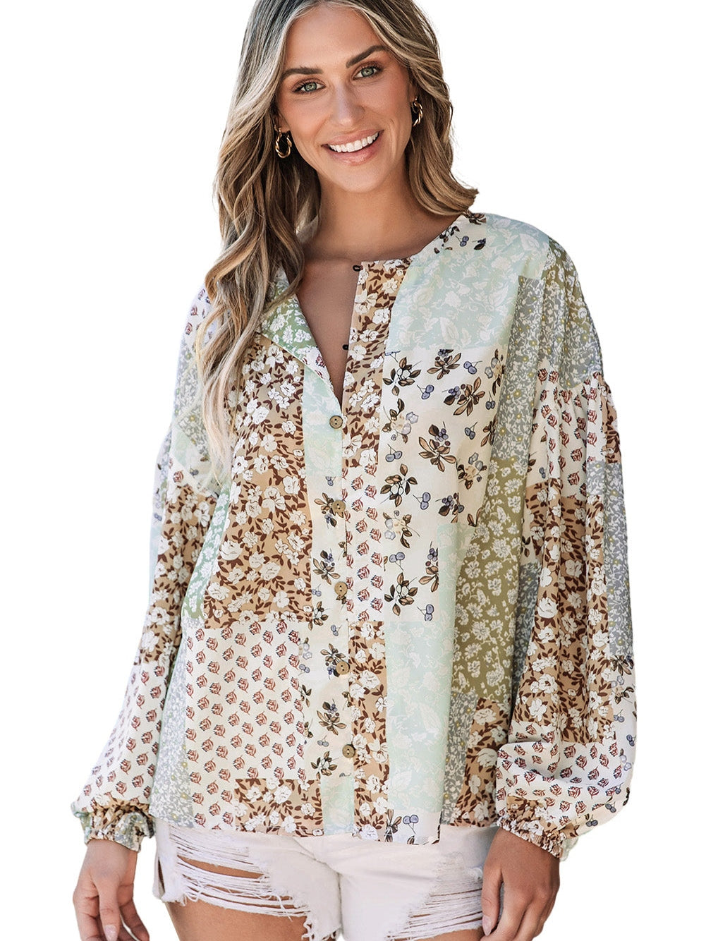 Floral Patchwork Print V-Neck Long Sleeve Blouse