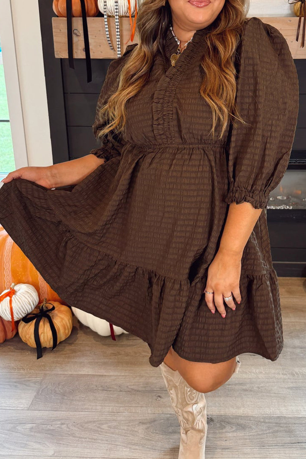 Coffee Plus Size Frilled Trim V Neck Puff Sleeve Textured Mini Dress