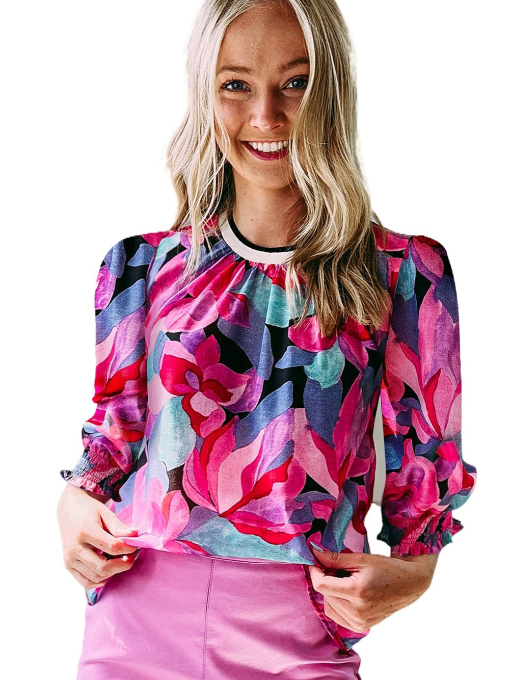 Floral Fantasy Ruched Sleeve Multicolor Blouse