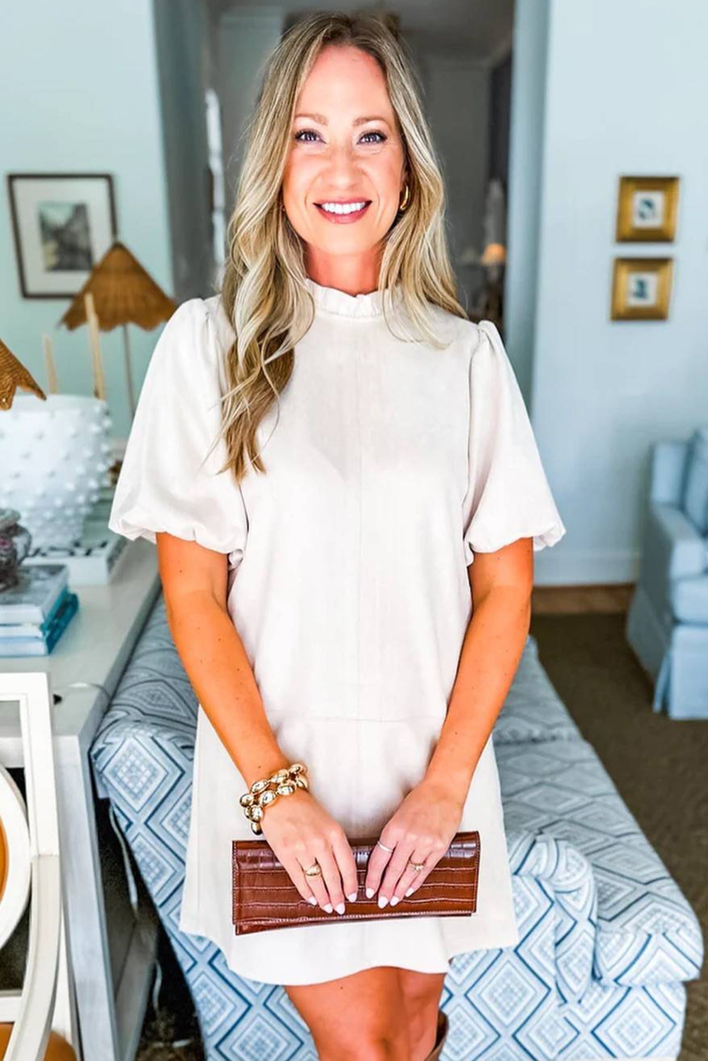 White Frilled Round Neck Short Puff Sleeve Shift Mini Dress