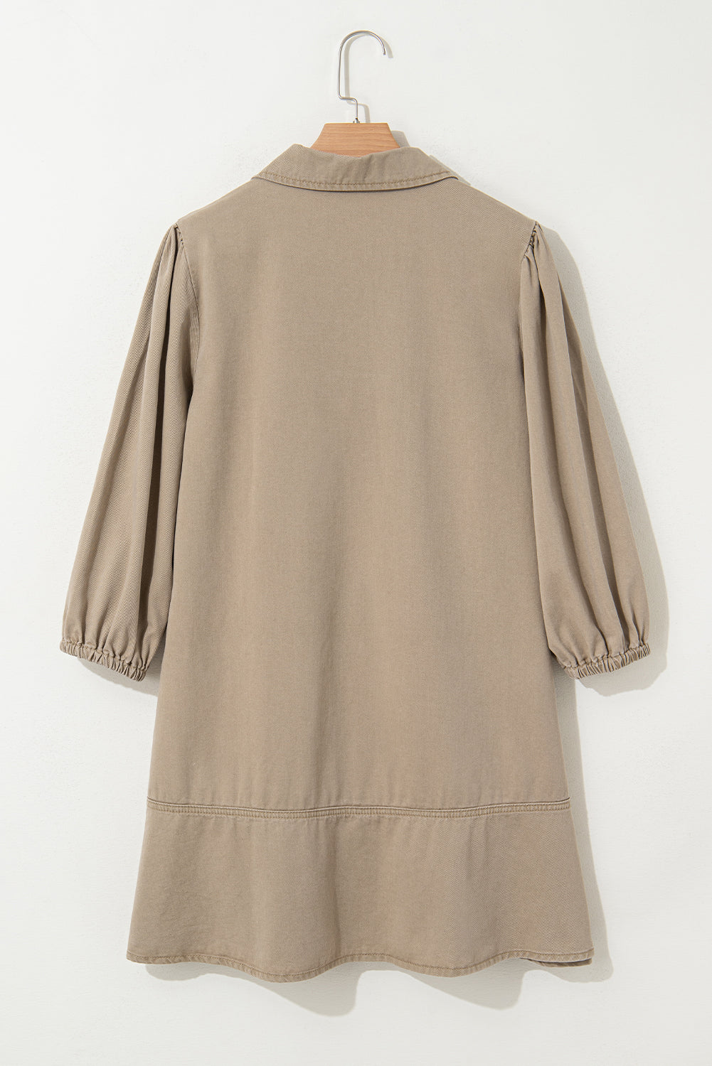 Khaki V Neck Collared Single Chest Pocket Long Sleeve Denim Dress