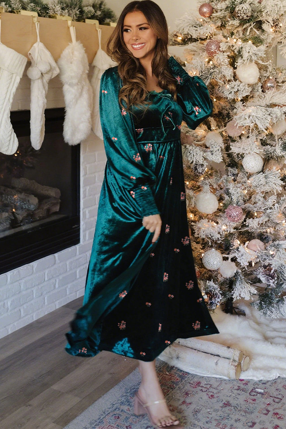 Green Velvet Embroidered Floral Smocked Sleeve High Waist Midi Dress