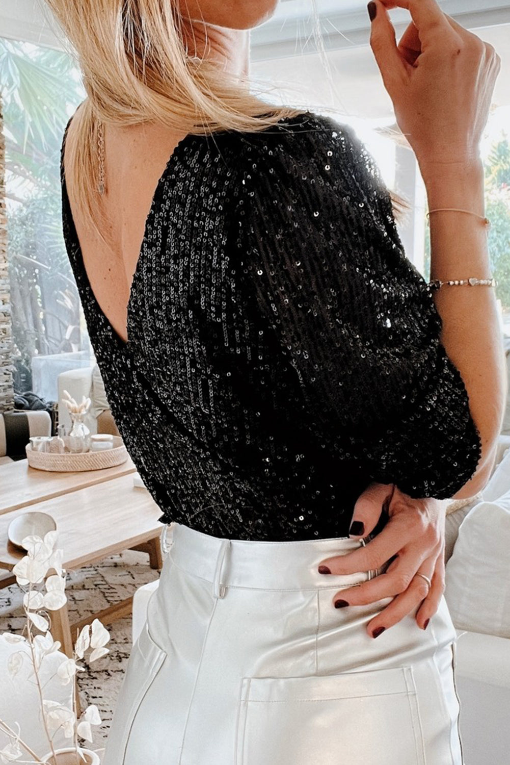 Black Sequin V Neck 3/4 Sleeve Top