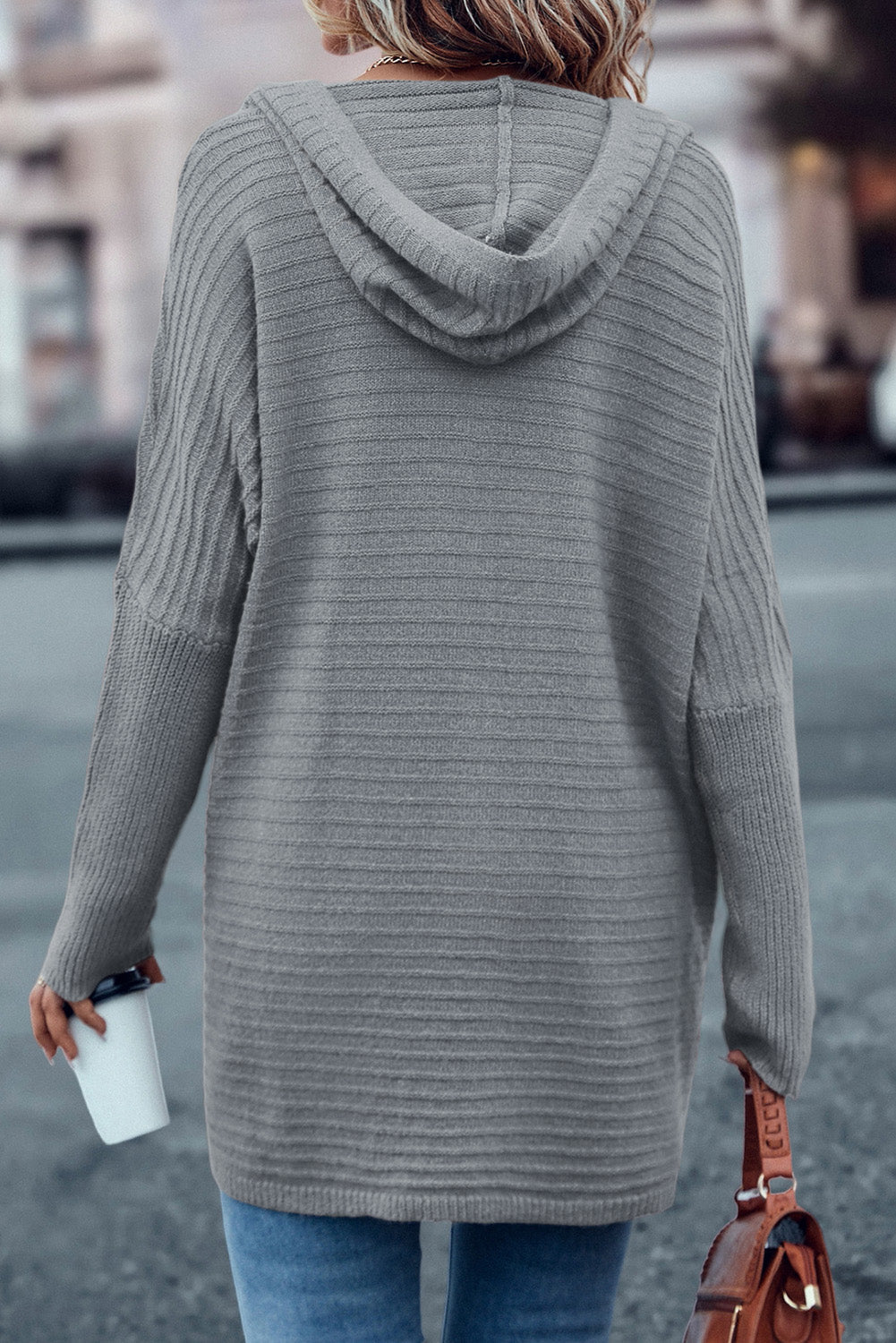 Knit Grey Hooded Duster Cardigan with Horizontal Rib Texture