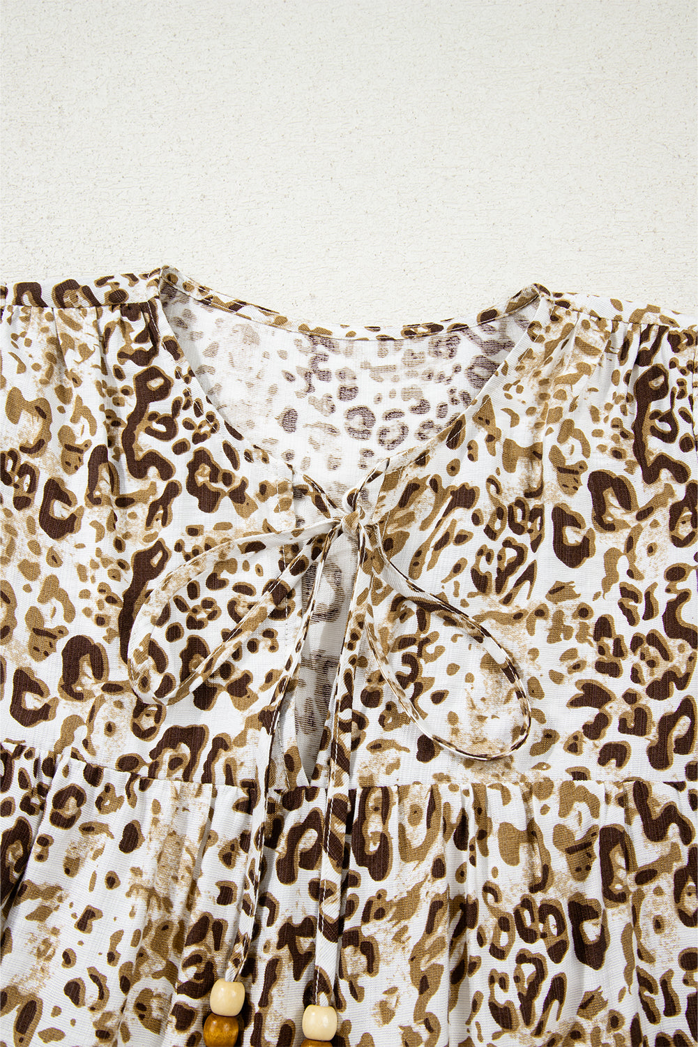 Khaki Leopard Print Long Sleeve Bead Tie V Neck Blouse