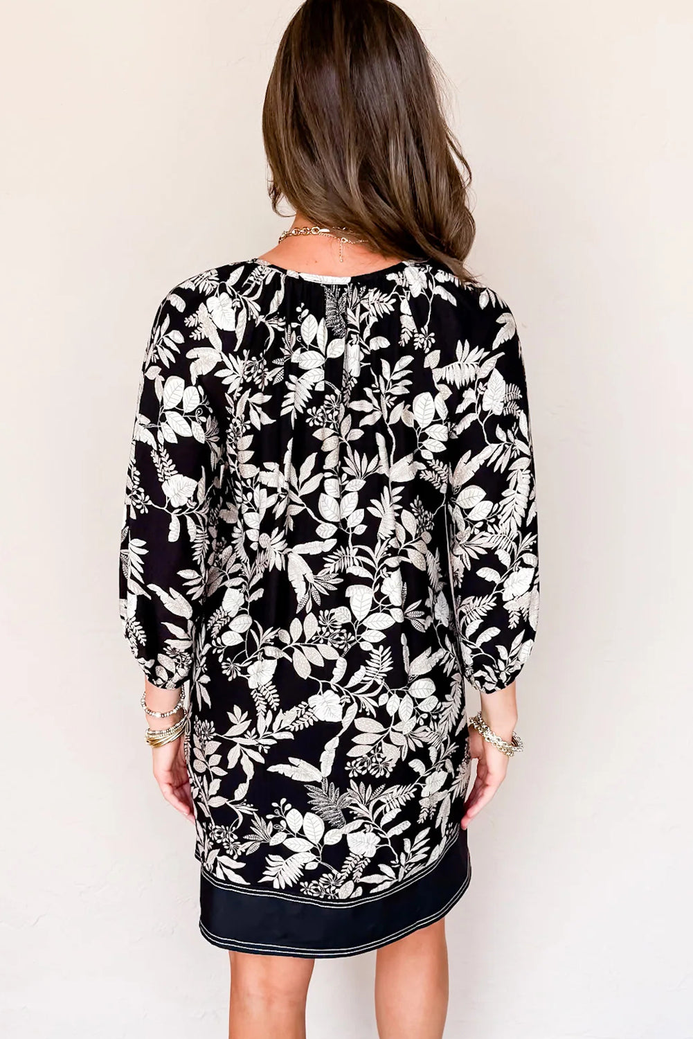 Black 3/4 Sleeve Botanical Print Contrast Patchwork Split Neck Loose Mini Dress