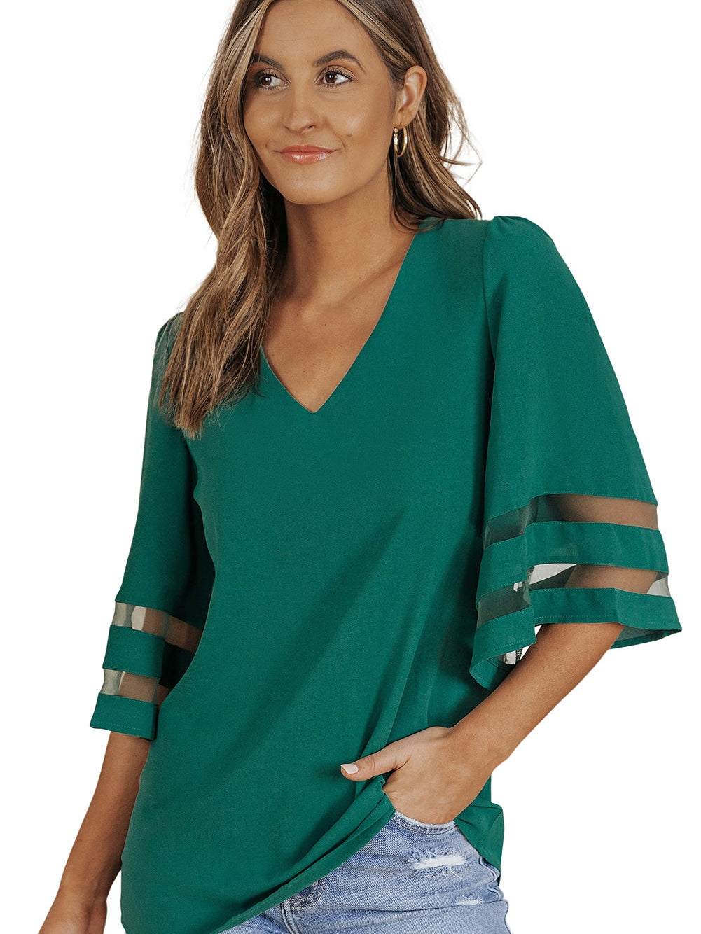 Green Sheer Flare Sleeve V Neck Casual Blouse