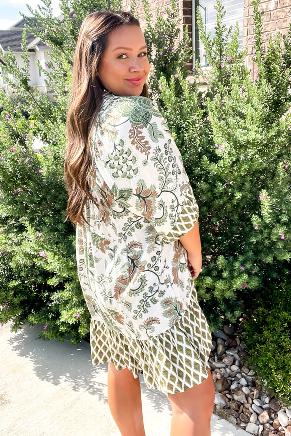 Green Plus Floral Mixed Print Patchwork Tie Split Neck Half Sleeve Loose Mini Dress