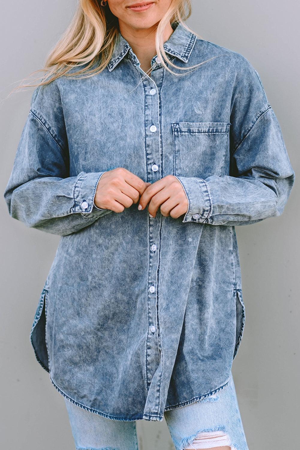 Pocket Short Sleeve Denim Slit Shirt Dress