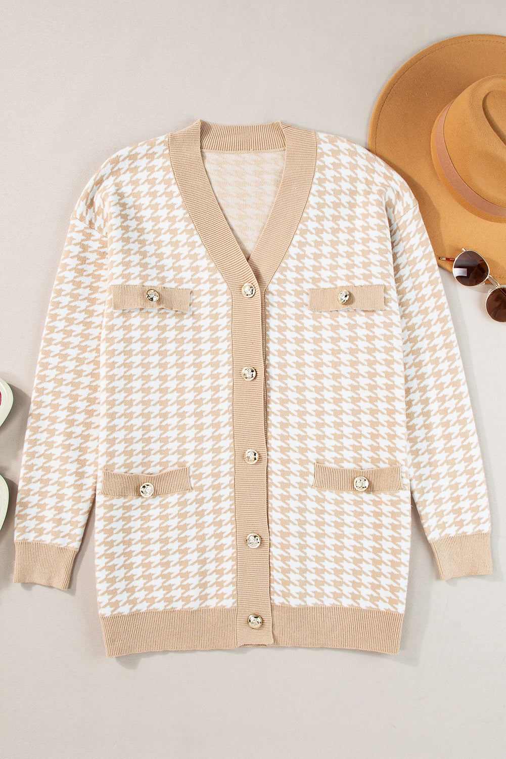 Khaki Contrast Edge Metal Button Slim Cardigan with Pockets