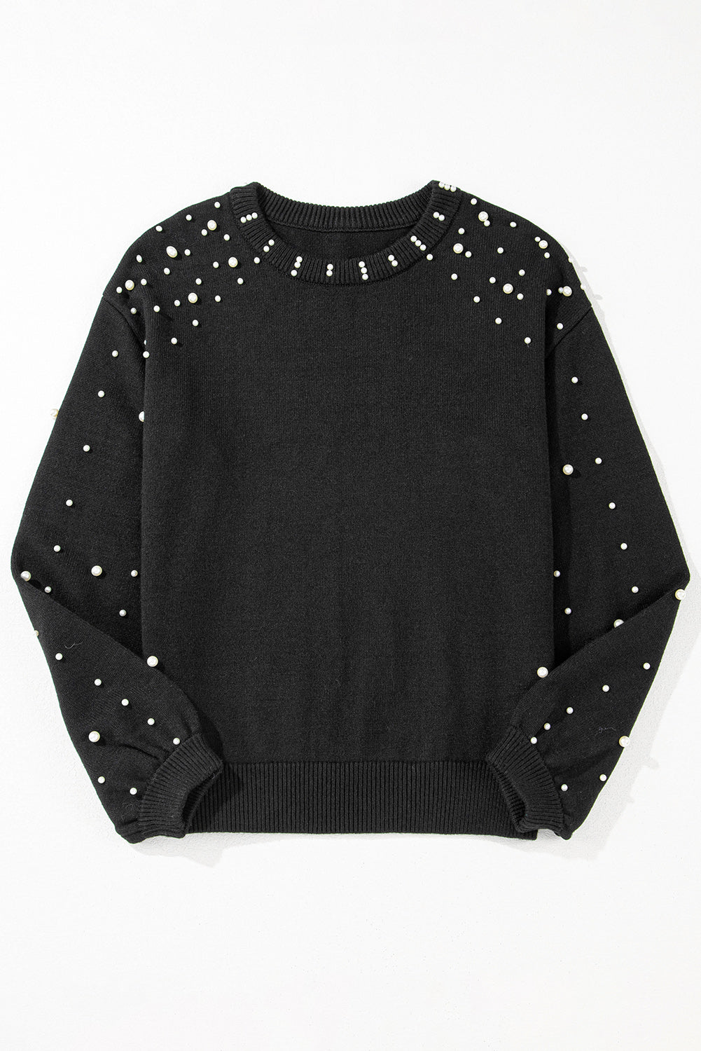 Black Pearled Drop Shoulder Round Neck Sweater