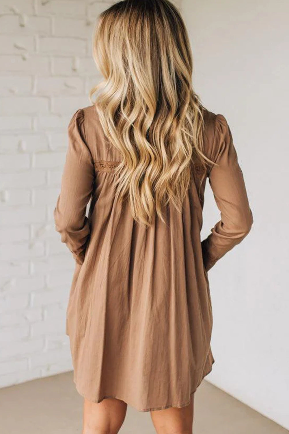 Straw Yellow Lace Trim Peter Pan Collar Long Sleeve Mini Shirt Dress