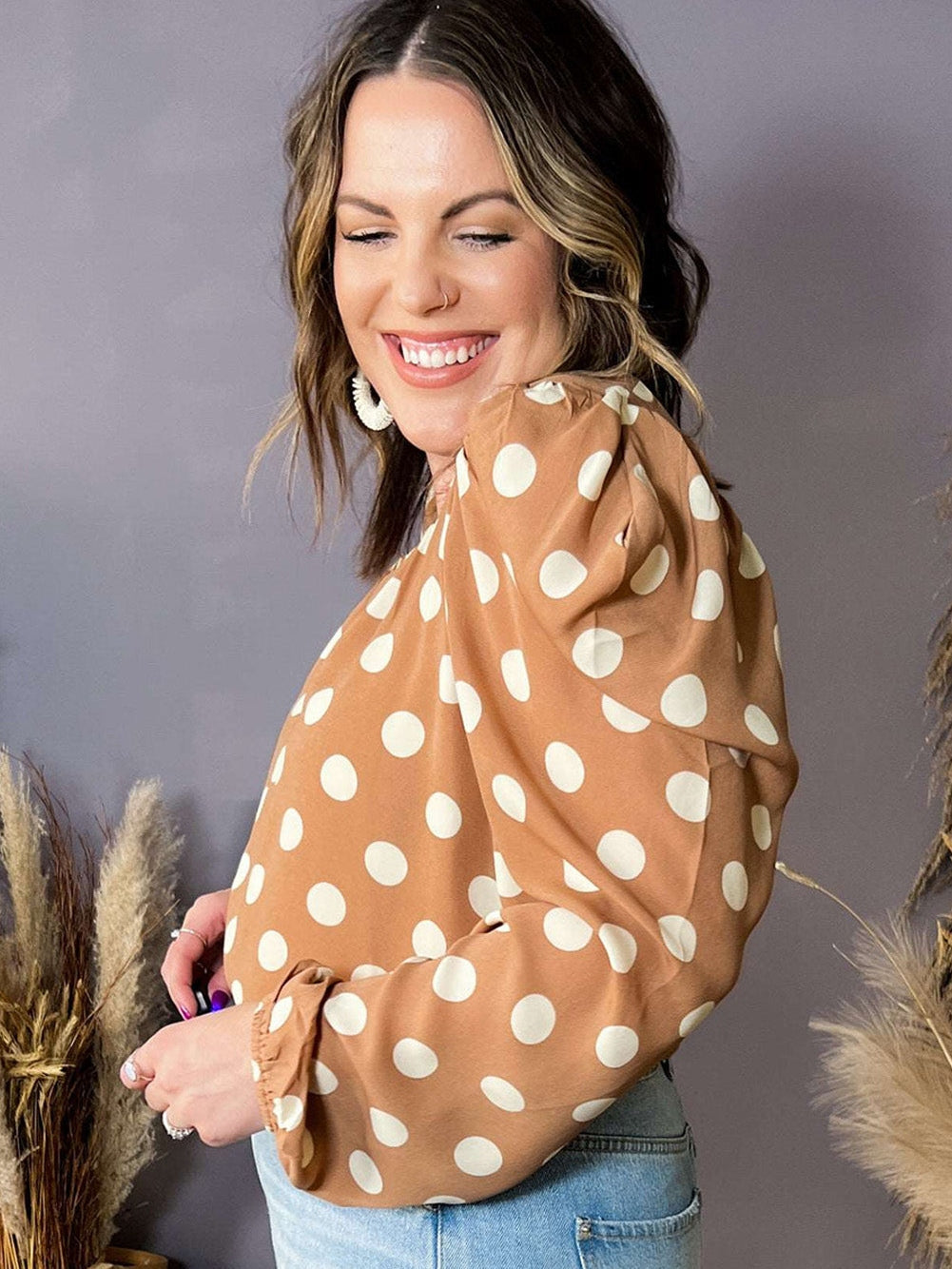 Khaki Polka Dot Ruched Neckline Puff Sleeve Blouse for Curvy Fashionistas