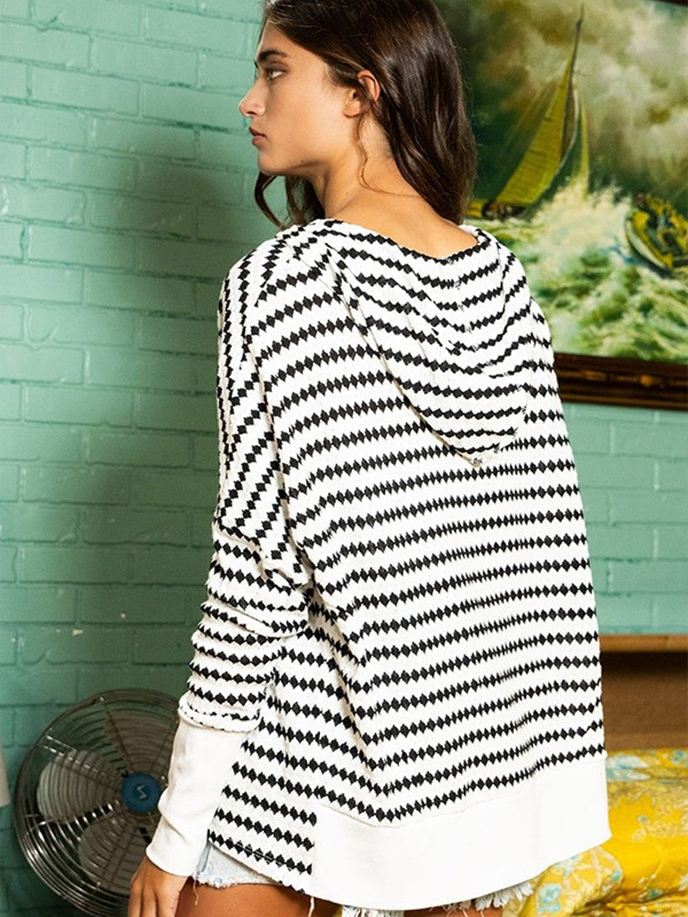 Knitted Striped Henley Oversized Hooded Hoodie