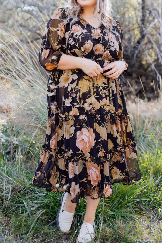 Black Floral Smocked Bust 3/4 Sleeve Tiered Ruffle Plus Size Long Dress