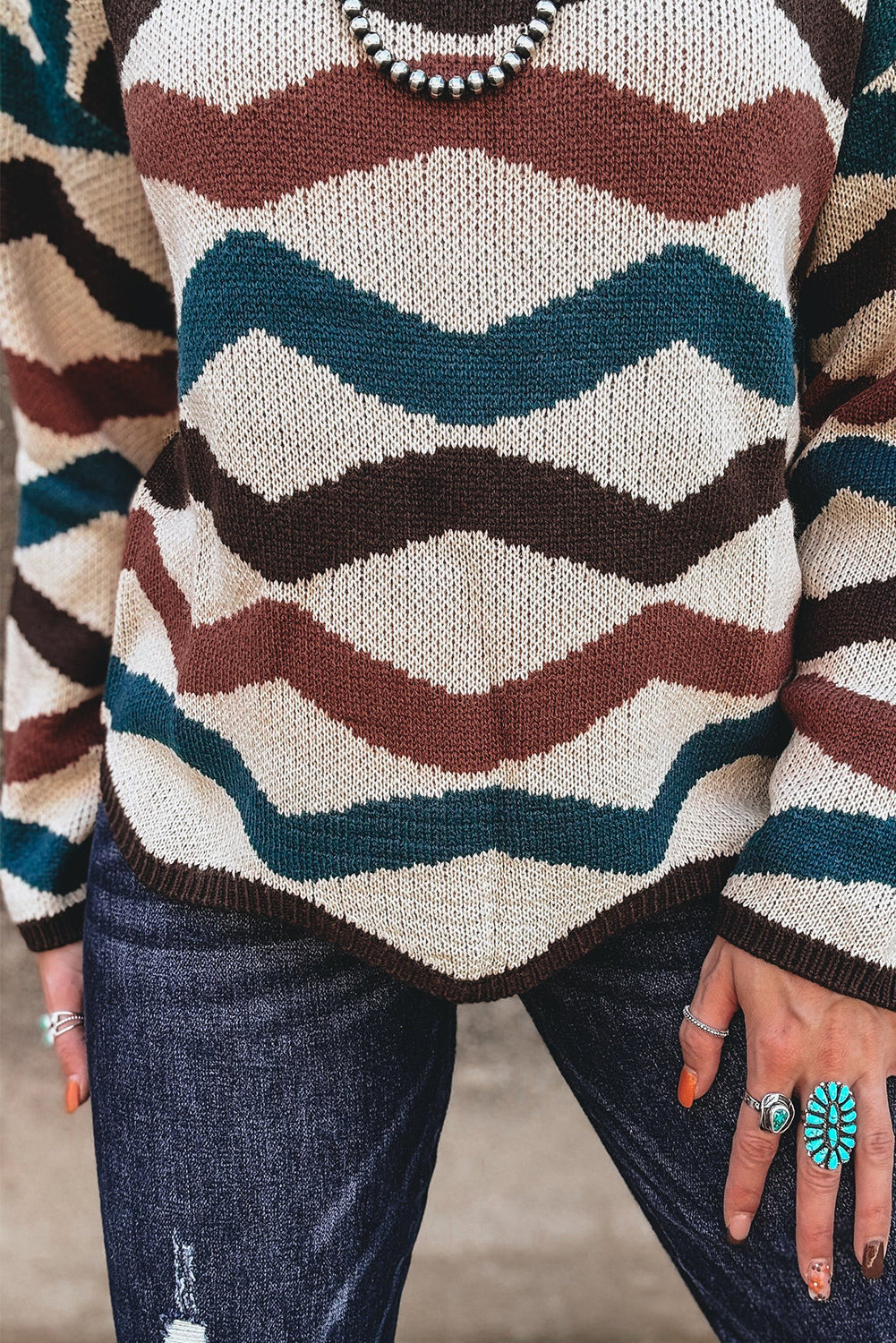 Multicolour Retro Wave Print Western Sweater