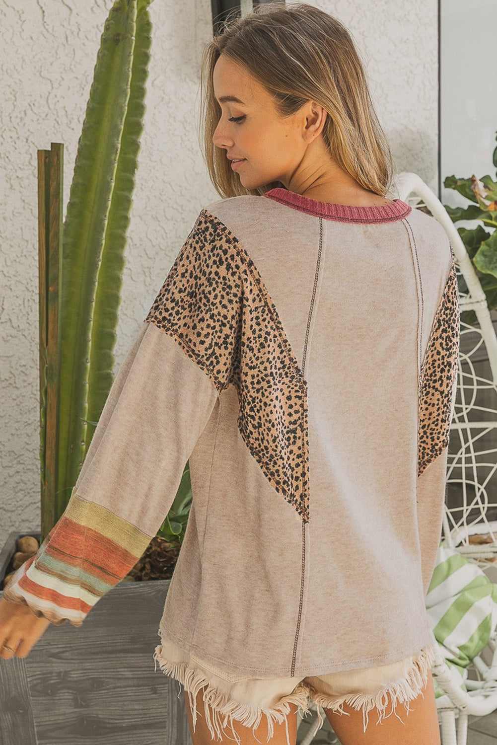 Khaki Leopard Serape Patchwork Stitched Pullover Blouse