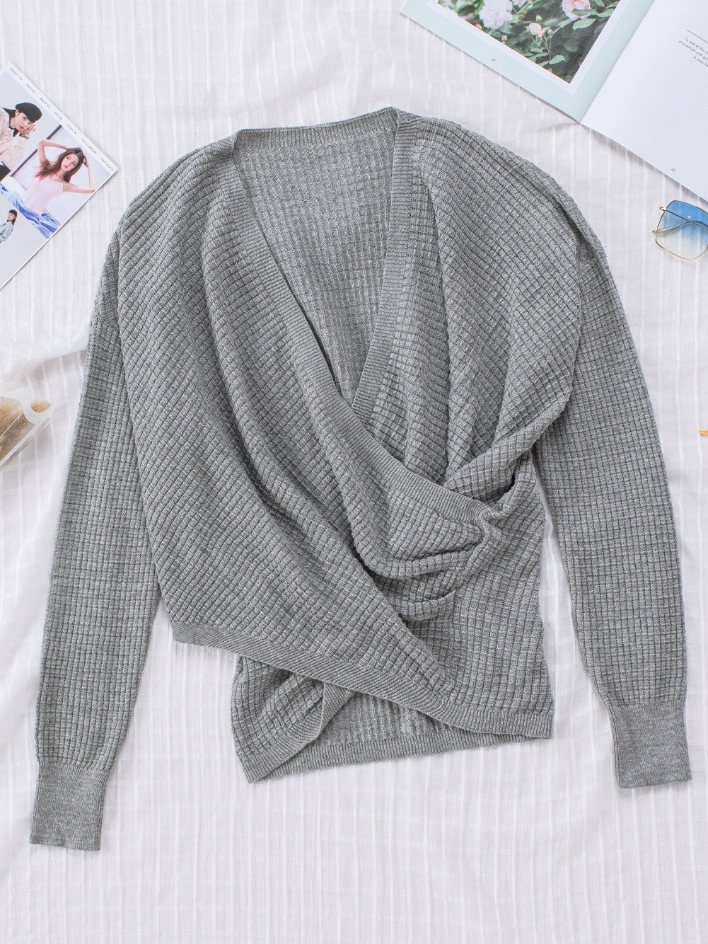 Khaki Reversible V-Neck Waffle Knit Sweater