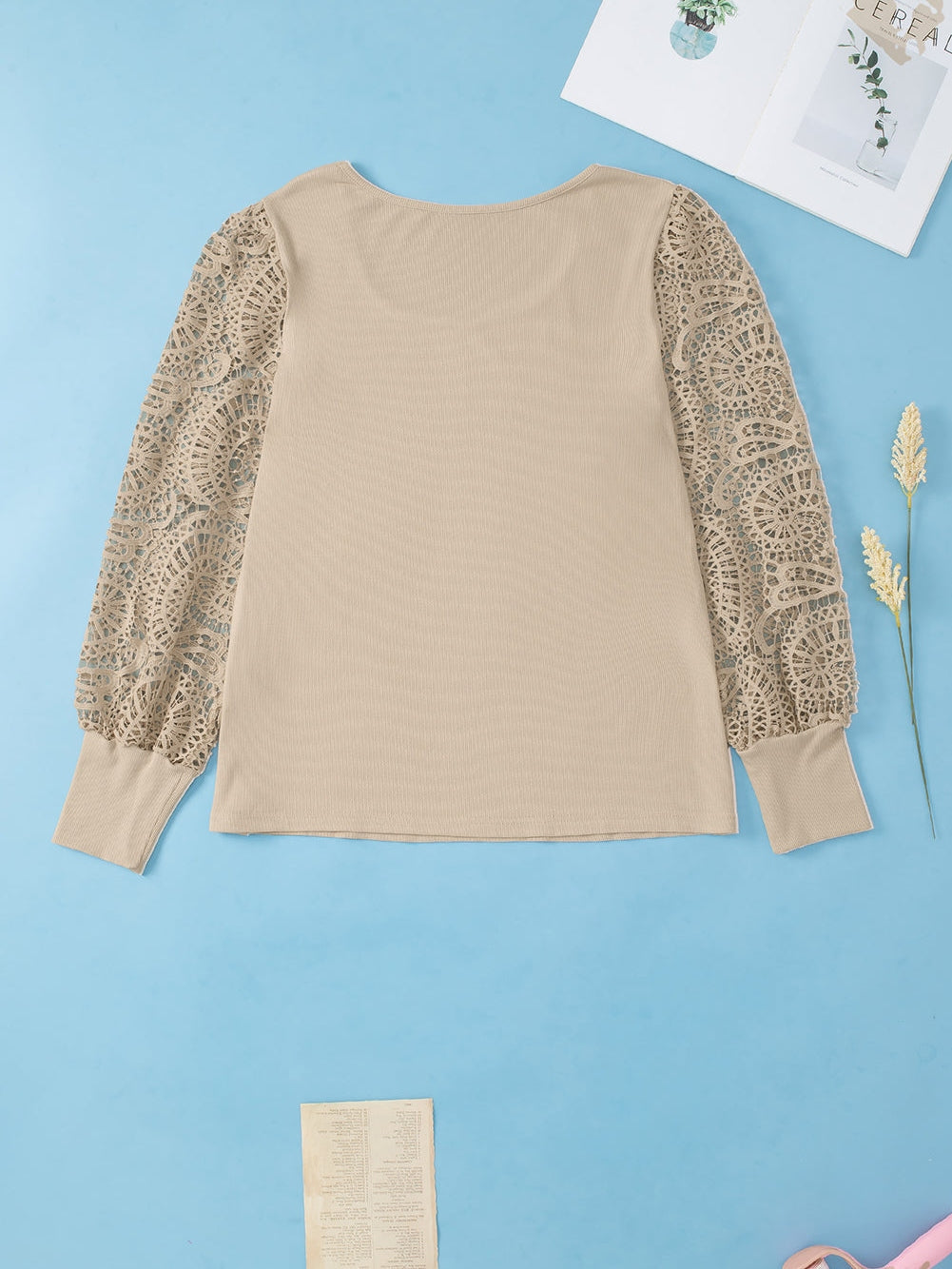 Lace Sleeve Ribbed Pullover with Square Neck