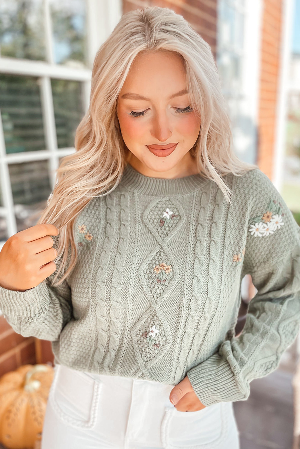 Laurel Green Embroidered Flower Detail Cable Knit Drop Shoulder Sweater