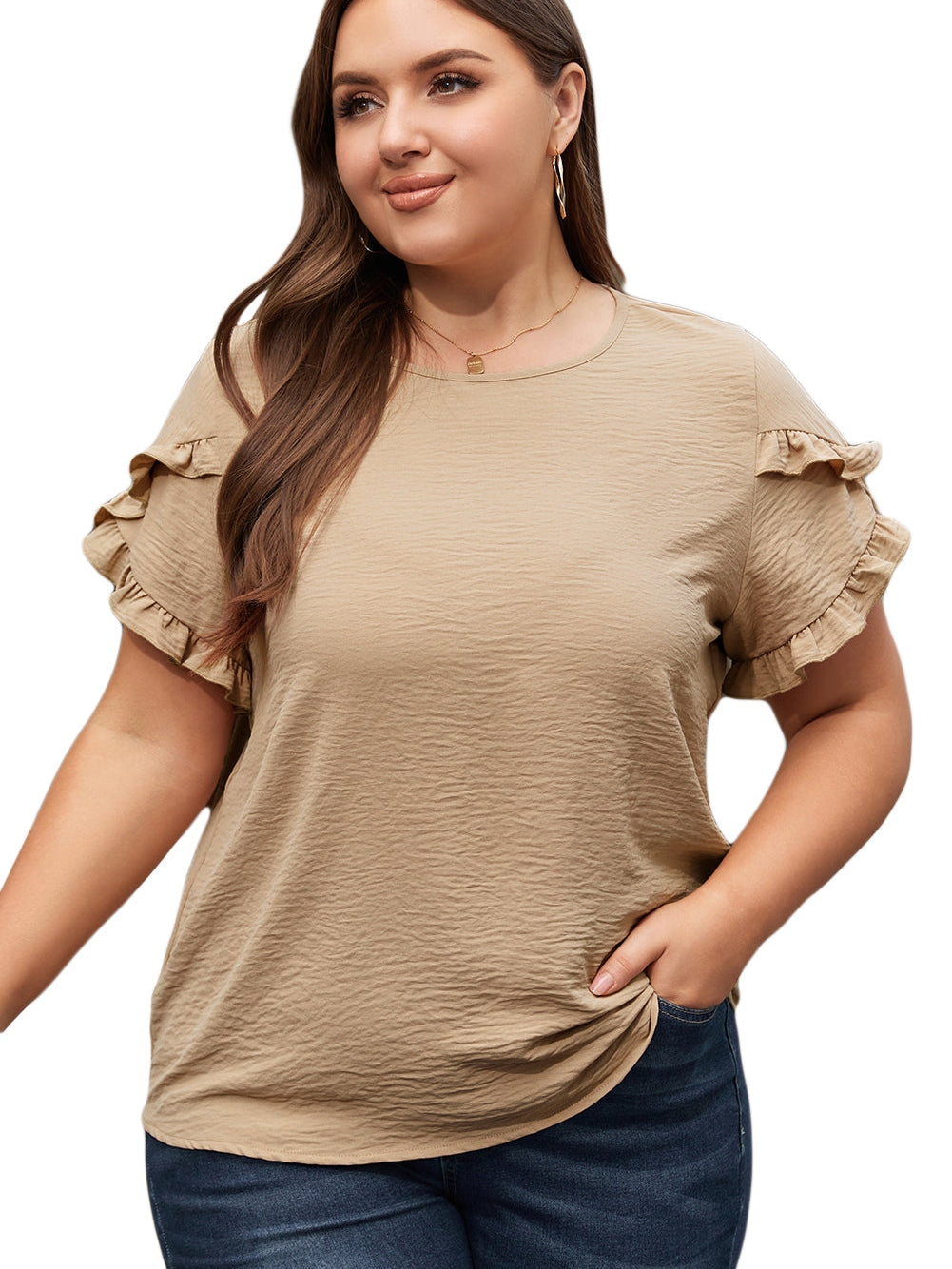 Light Beige Ruffle Sleeve Plus Size Top for a Chic Look