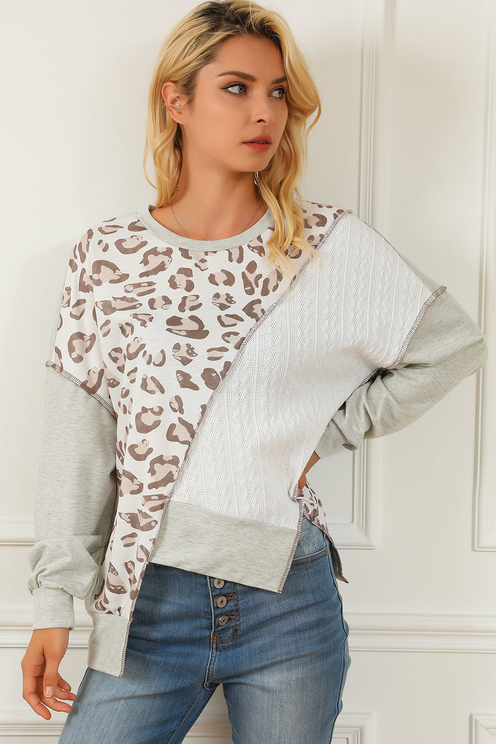 Leopard Patchwork Asymmetrical Loose Fit Sweatshirt