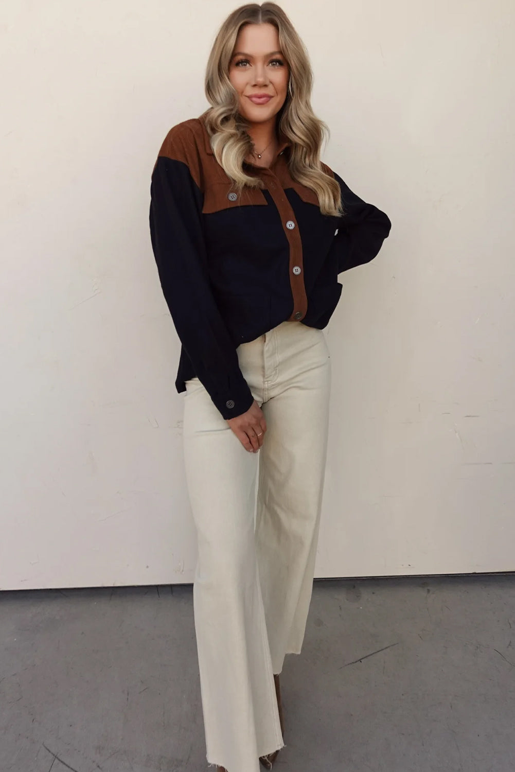 Multicolour Button Flap Detail Color Block Patchwork Corduroy Shacket