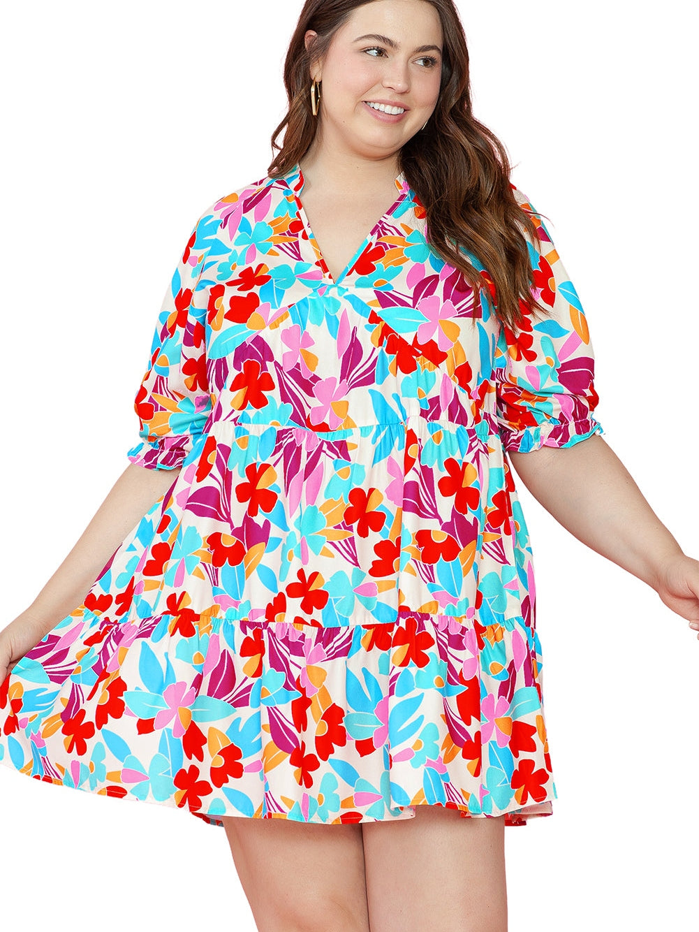 Multicolour Floral Tiered V Neck Plus Dress