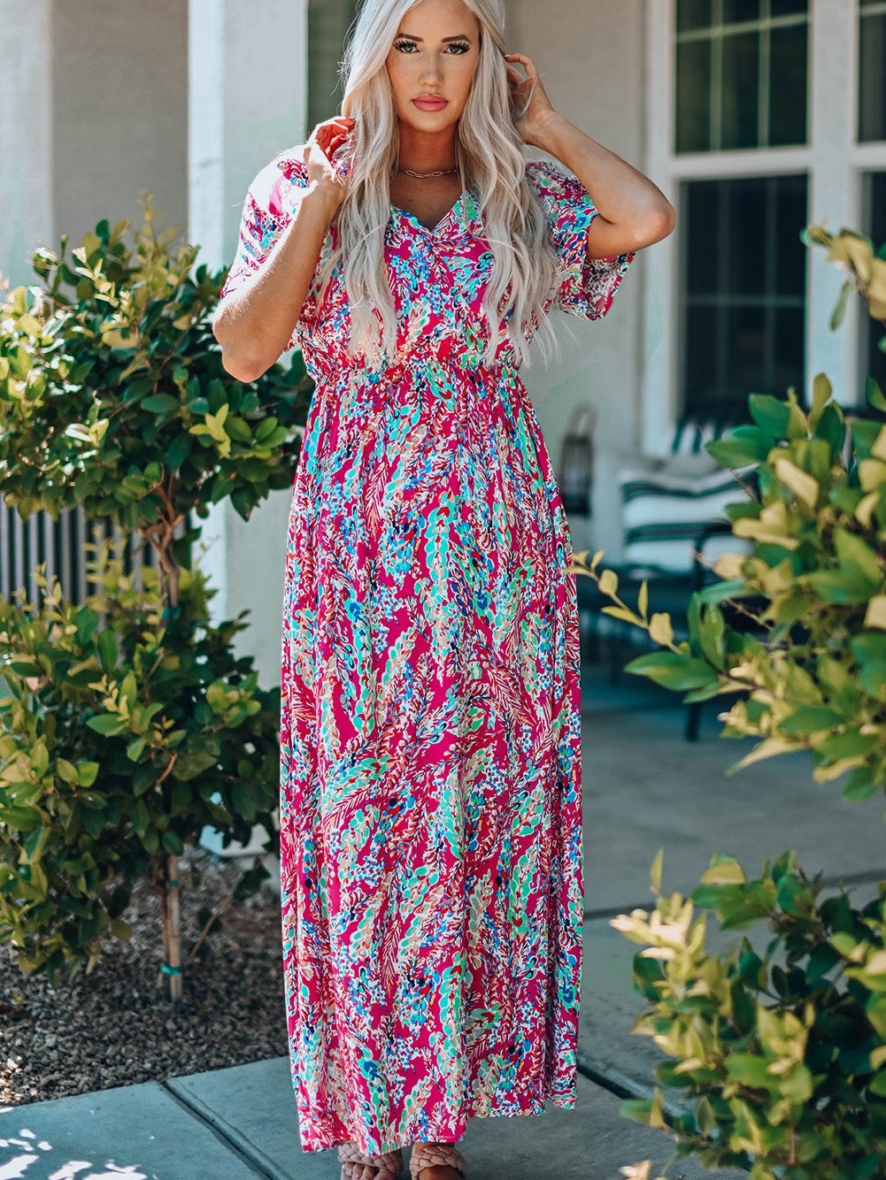 Vintage Print Puff Sleeve Maxi Dress