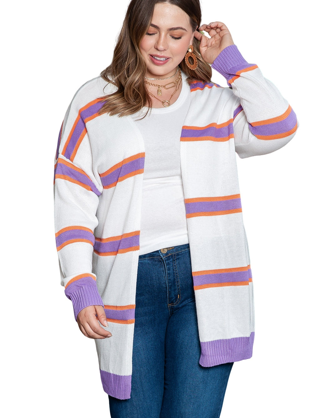 Cozy Beige Striped Oversized Sweater Jacket