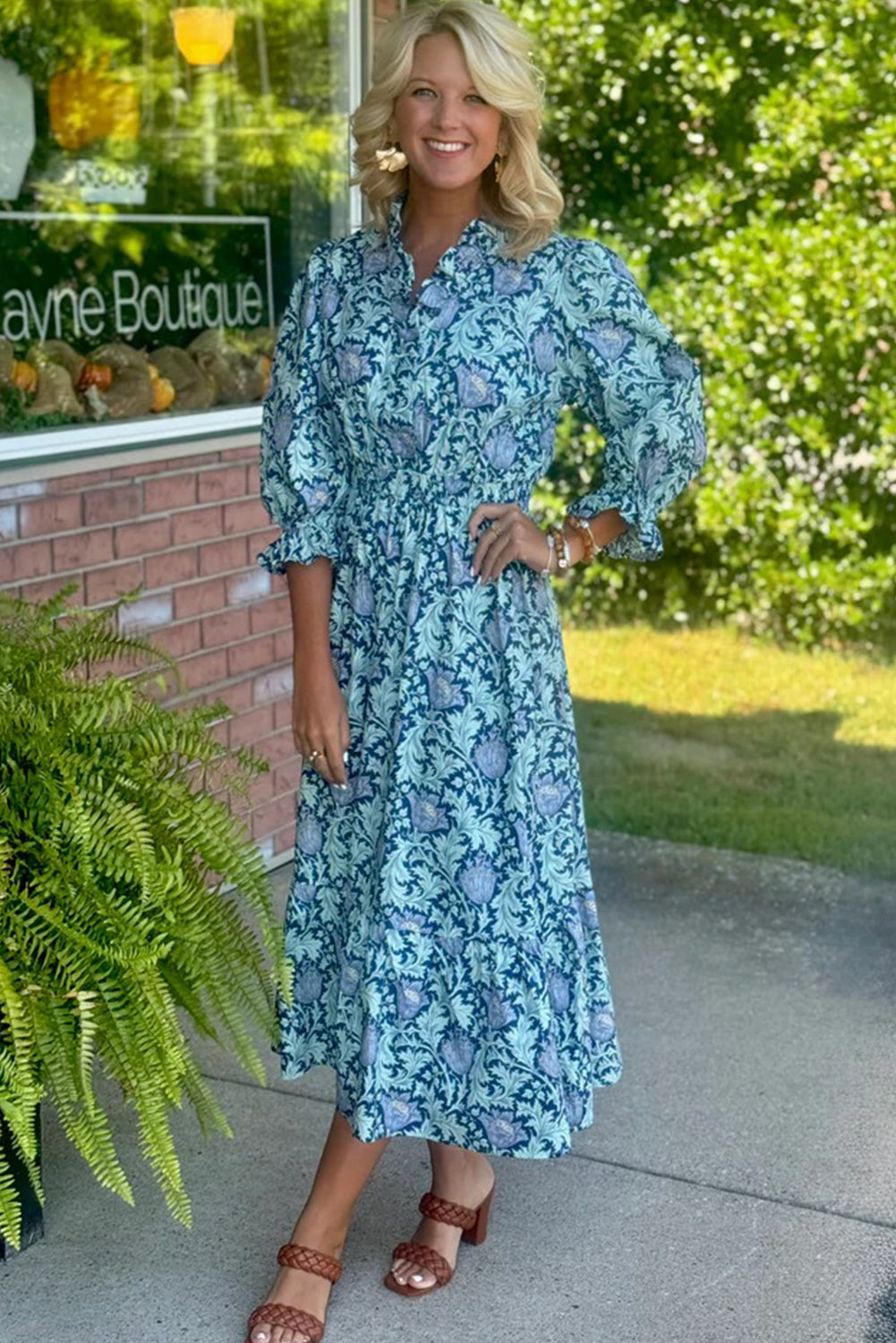 Sky Blue Floral Printed Frilled V Neck Bracelet Sleeve Midi Dress