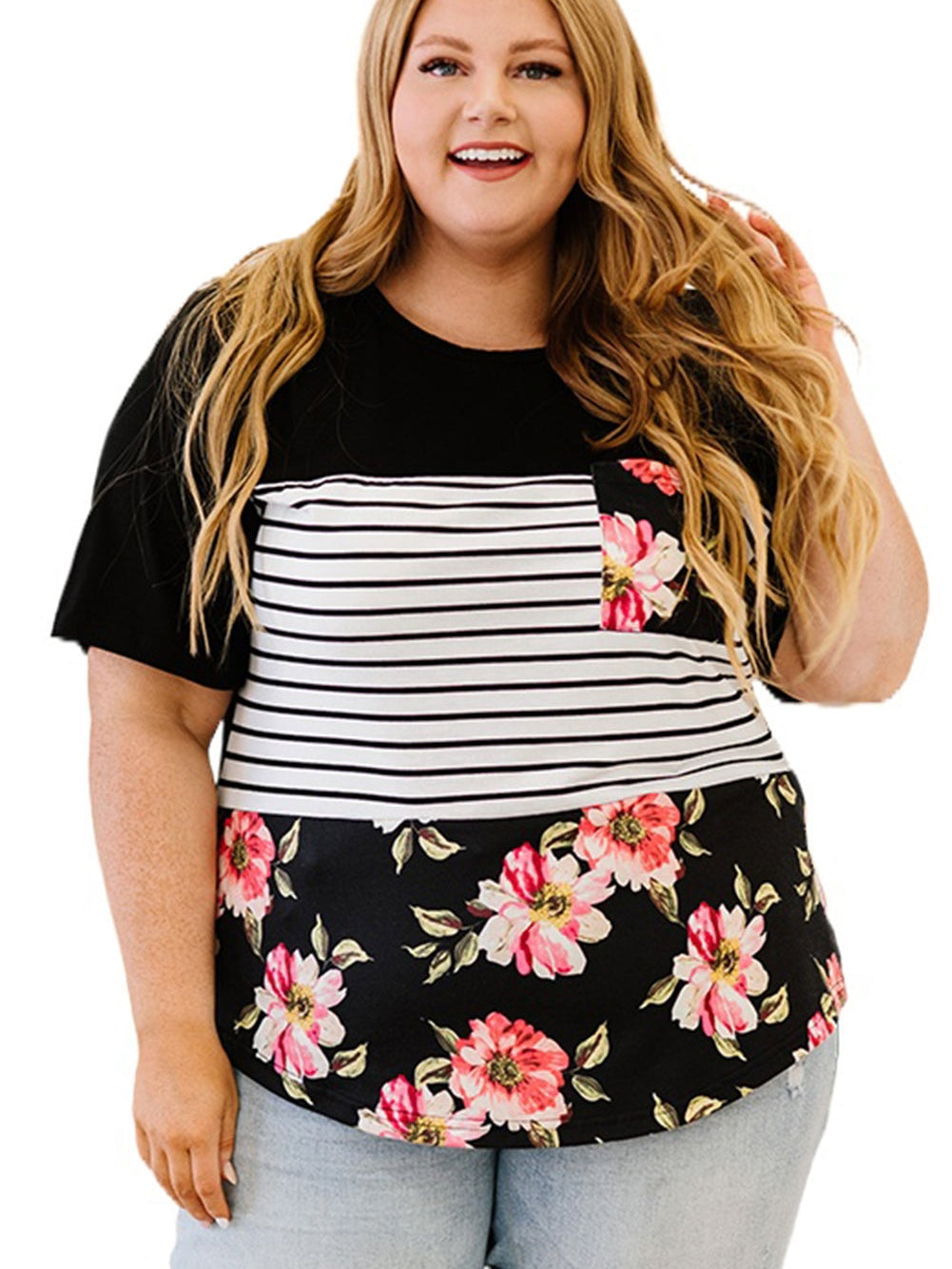 Chic Black Floral Striped Plus Size Short Sleeve Top