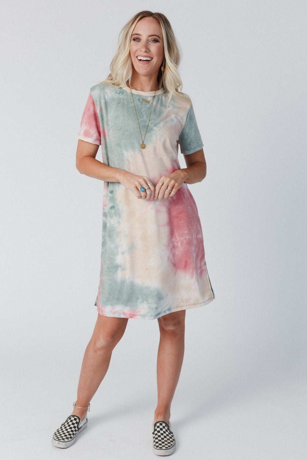 Loose Printed Short Sleeve Zippered V-neck Dress
