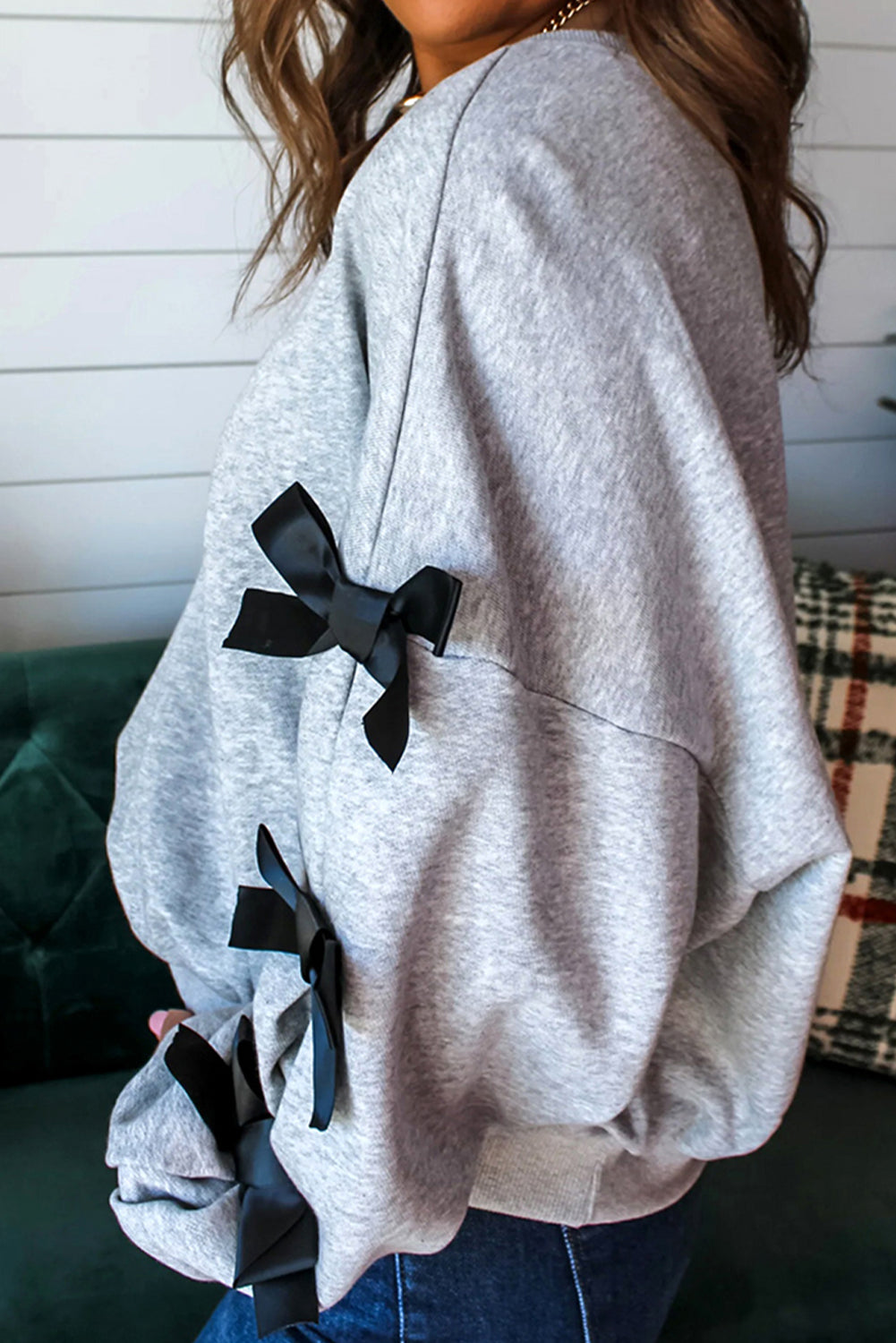 Merry Christmas Letter Graphic Ribbon Bow Split Sleeve Baggy Sweatshirt