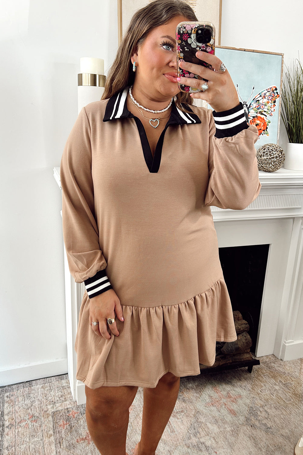 Pale Khaki Plus Size Contrast Cuffed Collar Patchwork Ruffle Hem Short Dress