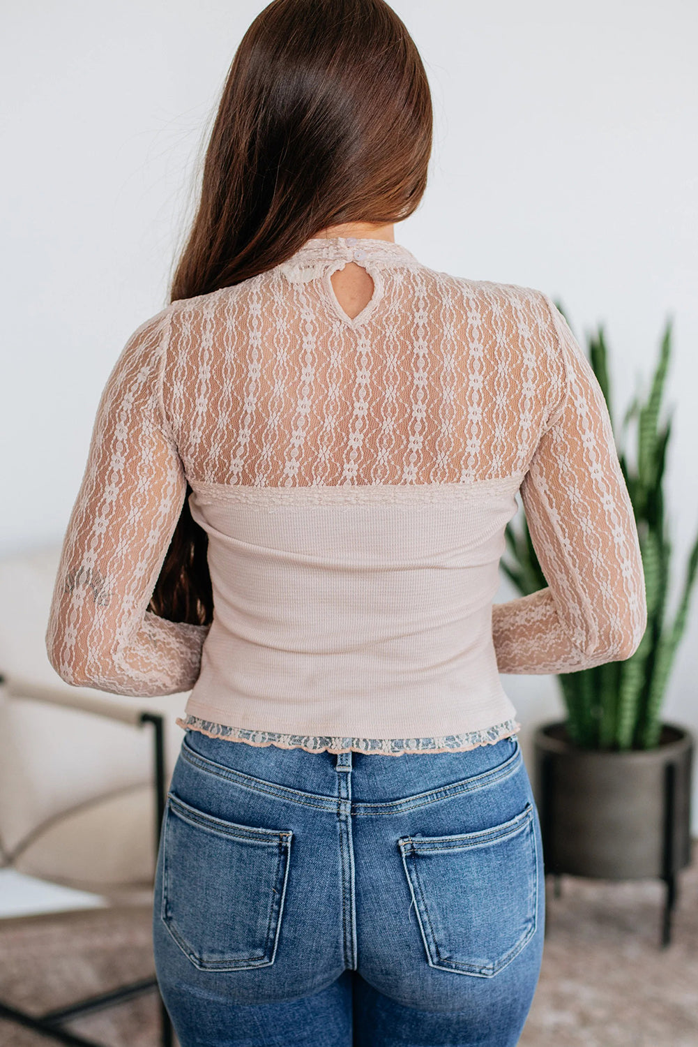 Jet Stream Textured Knit Lace Patchwork Sheer Long Sleeve Top