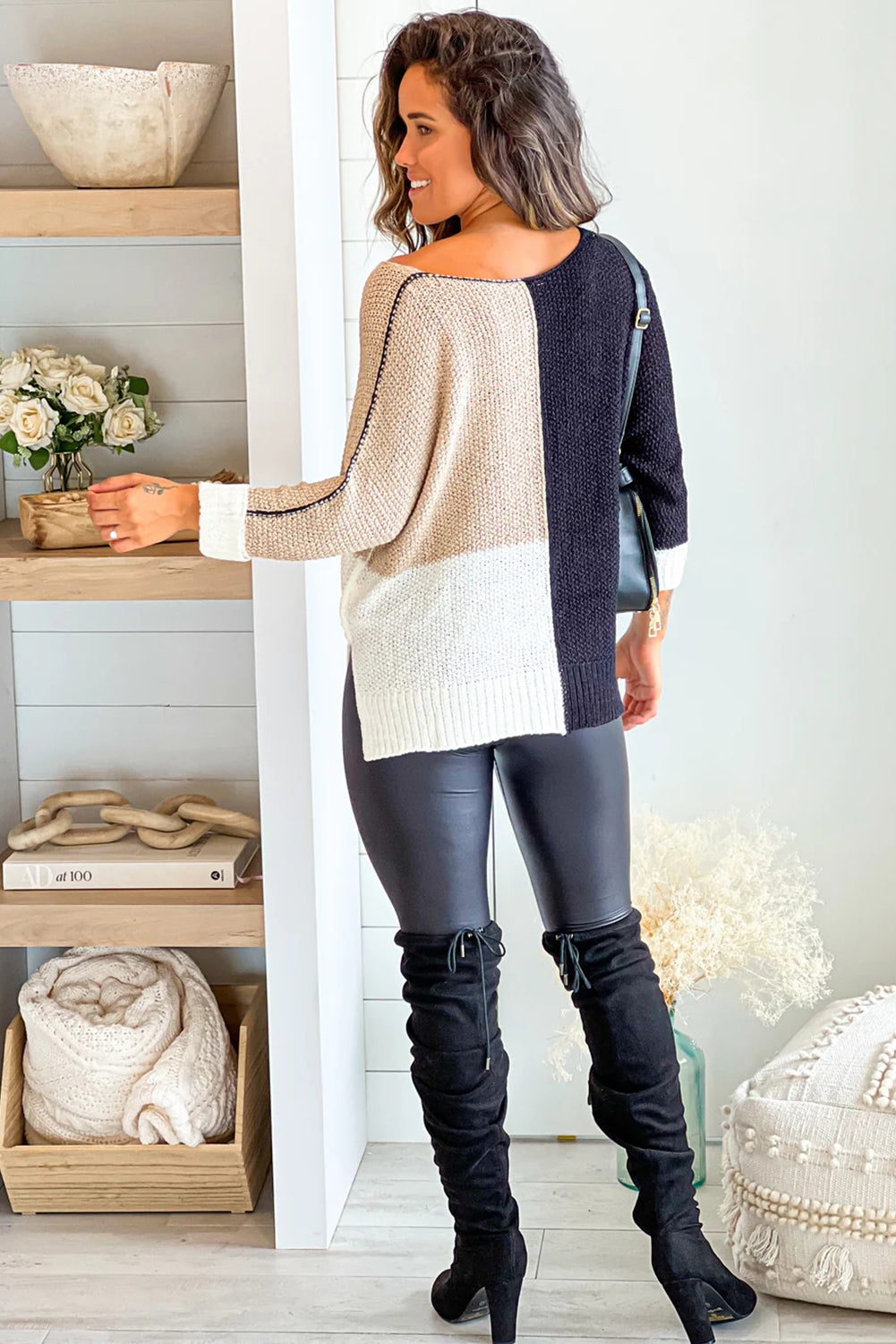 Black Color Block Knit V Neck Loose Sweater