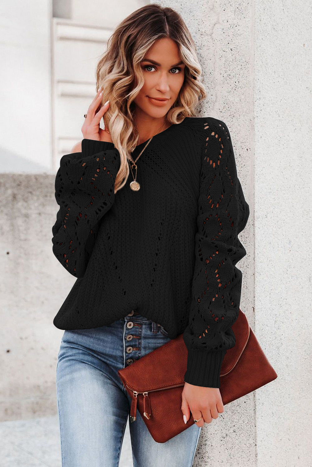 Black Hollow-out Puffy Sleeve Knit Sweater
