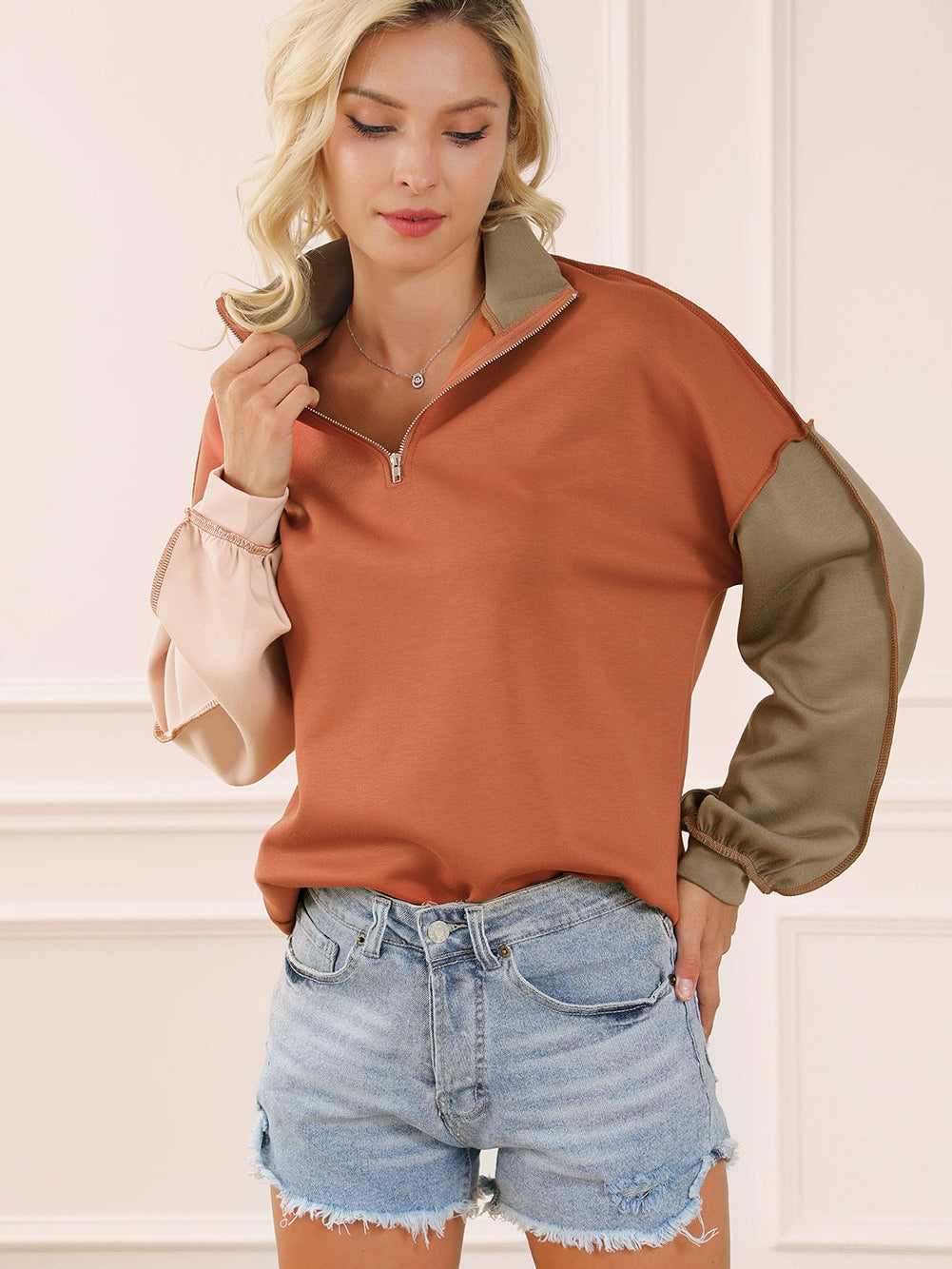Khaki Zippered V-Neck Color Block Sweatshirt